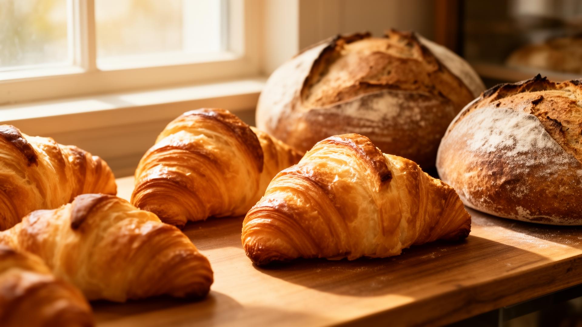 Freshly baked croissants and sourdough loaves on a wooden surface